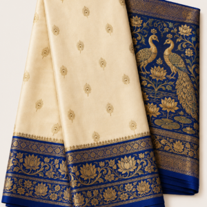 Semi Mysore Crepe White and Blue
