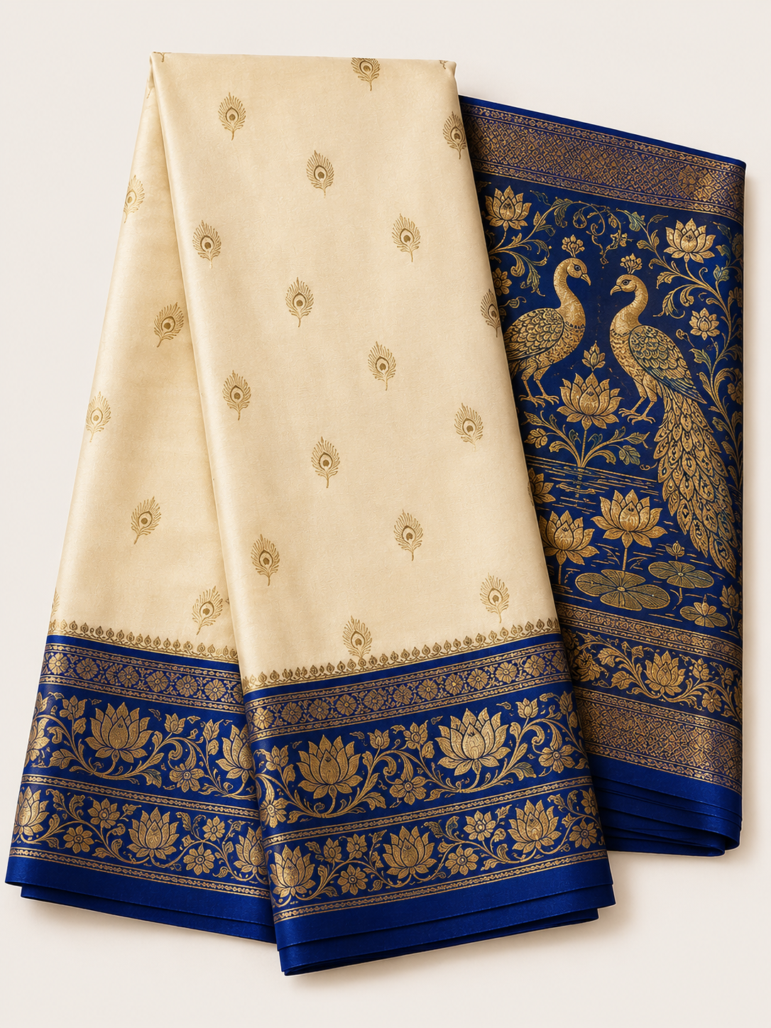 Semi Mysore Crepe White and Blue